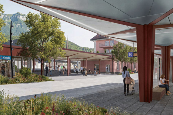 Visualisierung Busbahnhof mit grossflächigen Dächern und Massnahmen zur Barrierefreiheit