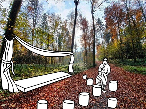 Nachbarswil: Märlistunde. Waldfoto mit eingezeichneter Bühne für Märchenerzähler