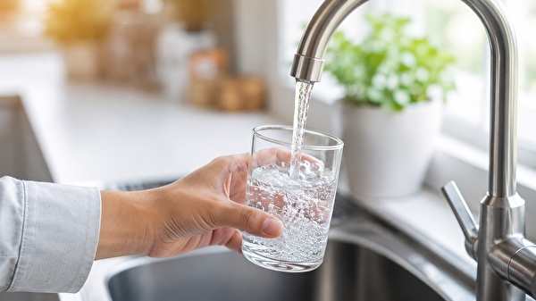 Eine Hand von jemandem füllt in einer Küche ein Glas mit Wasser vom Wasserhahn.