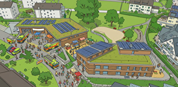 KI-Bild Tag der offenen Türen beim neuen Feuewehrdepot und dem Kindergarten Mettlen
