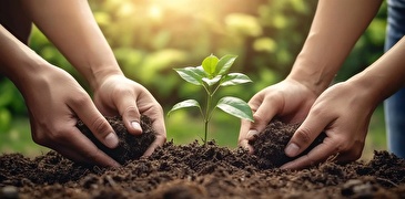 Zwei Händepaare pflanzen einen jungen Baum