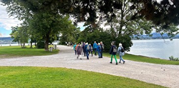Zäme go laufe - ein Projekt, wo Freiwillige mit älteren Menschen spazieren gehen. Das Bild zeigt einen frühlingshaften Tag und eine Gruppe Wanderer im Hintergrund