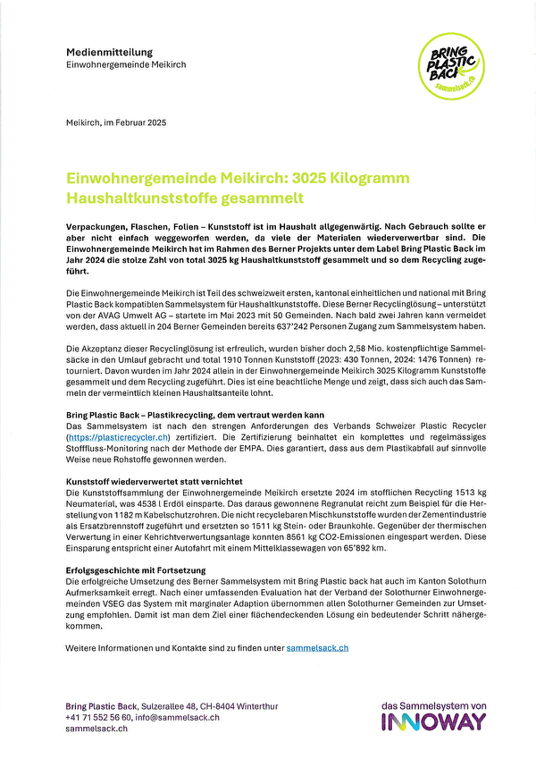 Medienmitteilung Kunststoffsammlung