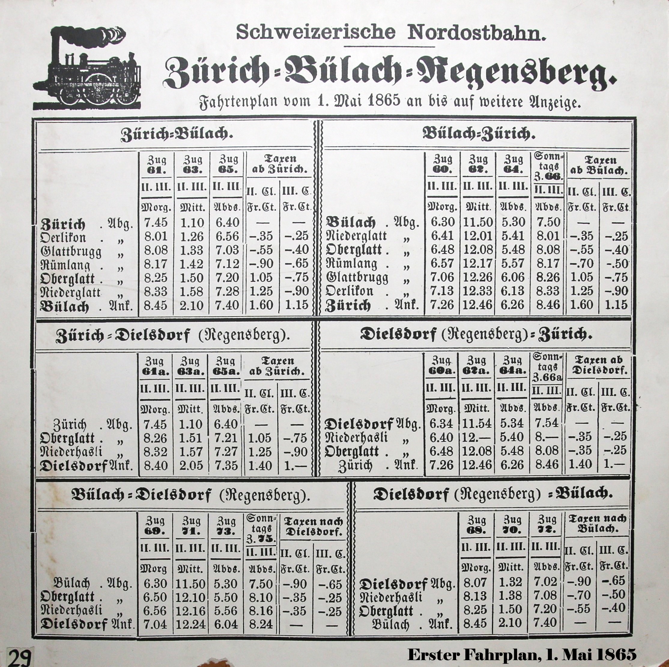 Linien nach Dielsdorf und Bülach wurden gleichzeitig gebaut. Morgen, Mittag und Abend je 1 Zug. Regensberg war noch Bezirkshauptort bis 1871.
