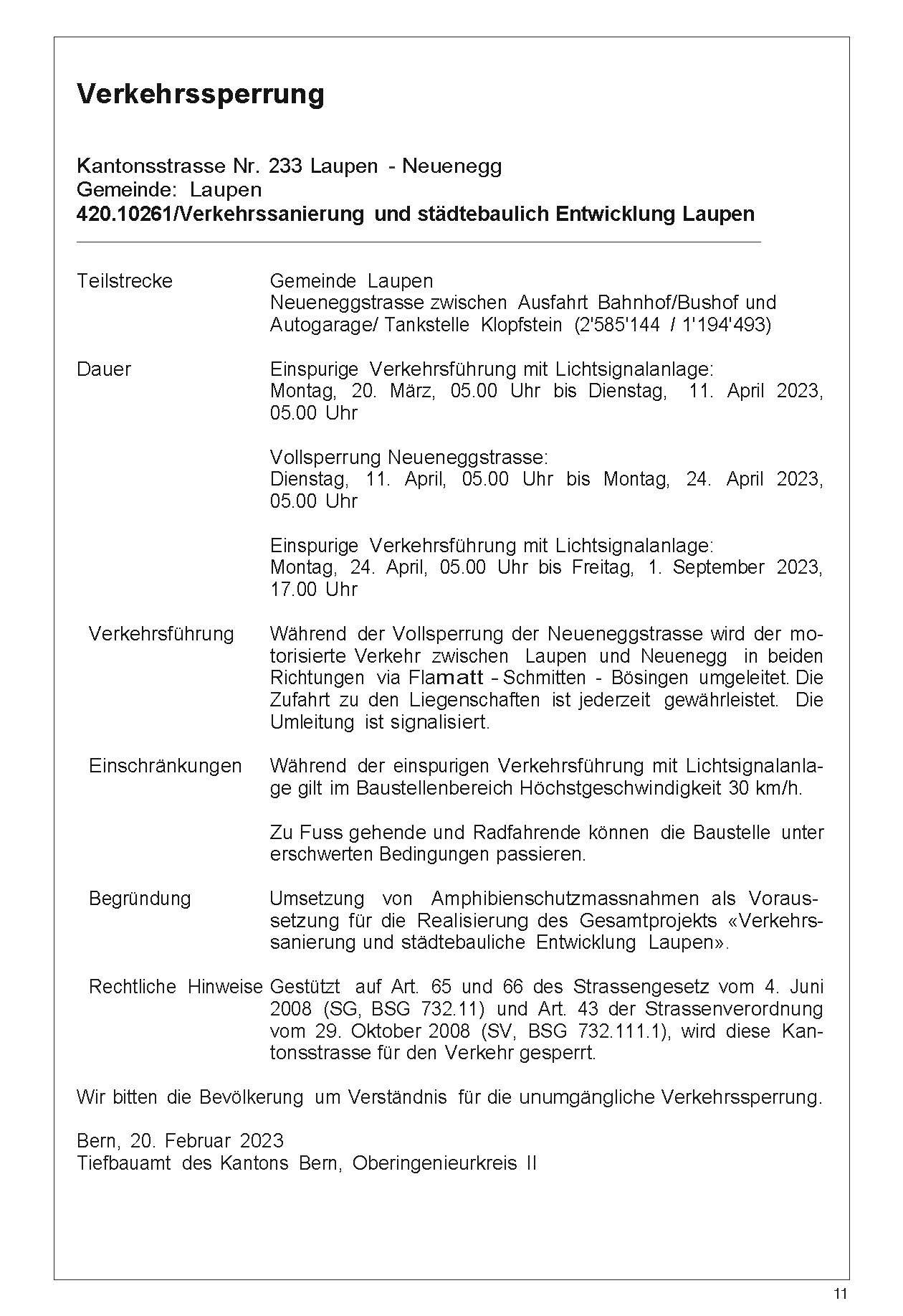 Verkehrssperrung Kantonsstrasse Laupen - Neuenegg ab 20.03 - 01.03.2023
