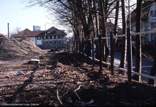 Der Baumbestand auf der rechten Seite des Baugländes wurde erhalten. (siehe nächstes Bild) Rechts davon die Bernstrasse.