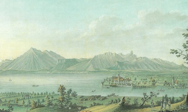 Ansicht der alten Schadau mit Umfassungsmauer. Farbaquatinta von Charles Melchior Descourtis, 1785