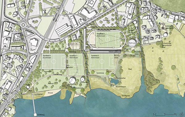 Als langfristige Vision, unter Einbezug der Areale «Sand+Kies» sowie «Tschümperlin», könnte sich das Seefeld so präsentieren.