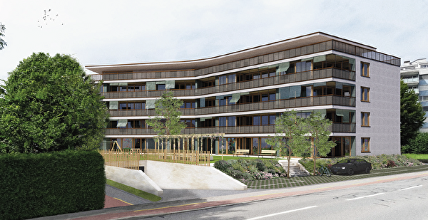 Visualisierung des Gebäudekomplexes an der Kantonsstrasse 148/150 in Horw