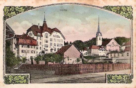 Schulhaus Hofmatt und Pfarrkirche, um 1912