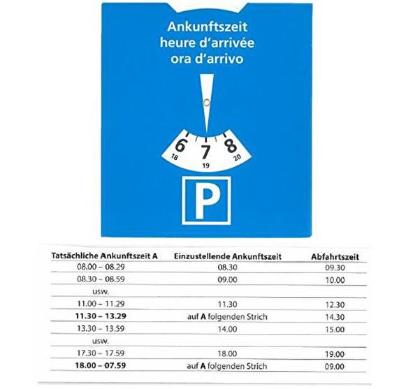 Bild: Blaue Parkscheibe und Beispiele zum korrekten Einstellen
