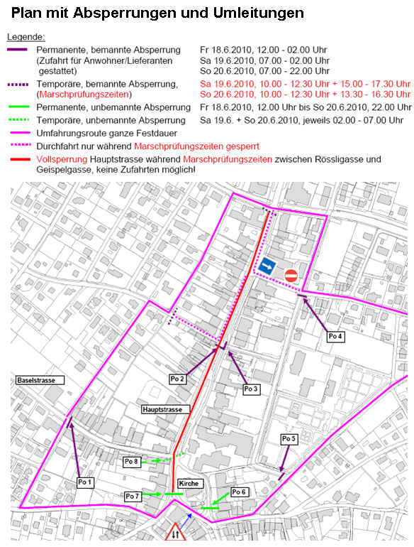 Dorfplan mit eingezeichneter Absperrung und Umfahrungsroute 