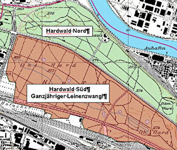 Karte Hardwald: Im Bereich Hardwald Süd herrscht ganzjährig Leinenzwang.
