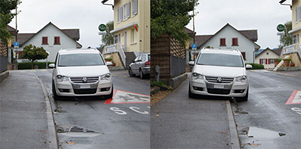 Foto links, richtig parkiertes Auto, auf der Strasse) und Foto rechts falsch parkiert (auf Trottoir)