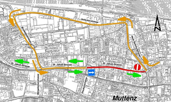 Situationsplan mit rot markierter Einbahnstrecke in der St. Jakob-Strasse