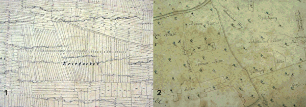 1 Katasterplan um ca. 1900, hier sind die schmalen Parzellenstreifen gut erkennbar --- 2 Ausschnitt aus einem Gemeindeplan um 1800  mit den Flurbezeichnungen. Die Tinte verblasst allmählich, dafür werden die braunen „Altersflecken“ (Stockflecken) immer deutlicher.