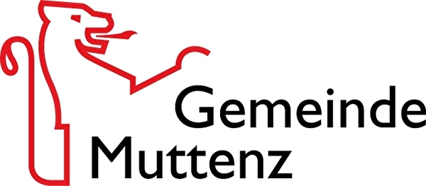 Logo Gemeinde Muttenz 2-farbig, dh. roter Löwe links über Gemeinde Muttenz in schwarzer Schrift