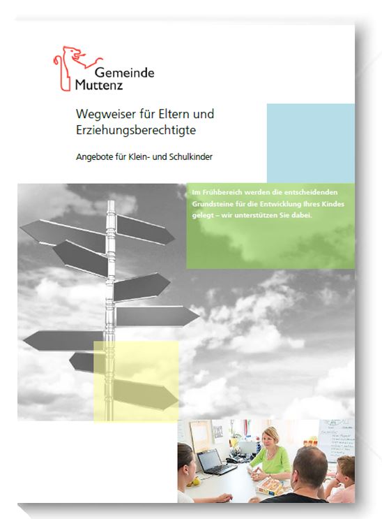 Broschürenfoto mit Gemeindelogo und Titel, Fotos von Wegweisern und Beratungsgespräch