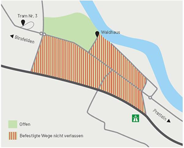 Grafik mit schraffierter Fläche des Hardwalds, wo die befestigten Wege nicht verlassen werden dürfen