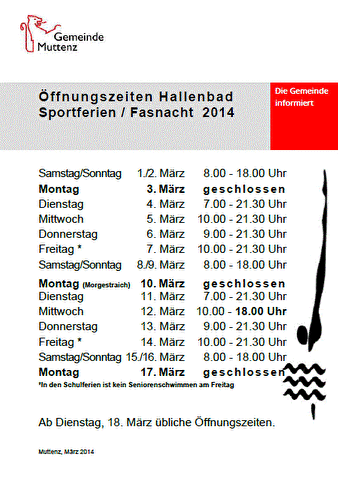 Flyer Öffnungszeiten Hallenbad Sport-/Fasnachtsferien 1.3. -/+ 16.3.2014