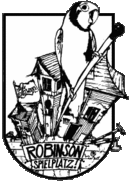 Logo des Robinson-Spielplatz Vereins mit Holzbretterbaumhaus und Papagei