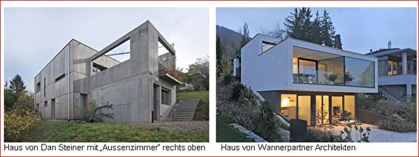 links Haus von Dan Steiner mit den Aussenzimmer rechts oben und rechts Haus von Wannerpartner Architekten