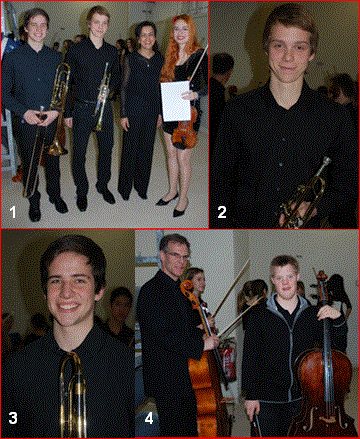 Bild 1 Gruppenbild Samuel Brunner (Posaune), Sven Müller (Trompete), Christina de Noronha (Dirigentin), Zoe Wehrmüller (Stimmführerin 1. Geige)_Bild 2 Sven Müller, Trompete_Bild 3 Samuel Brunner, Posaune_Bild 4 Dominik Settelen, Cello (rechts) mit seinem Vater Stefan Settelen