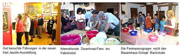 Auf dem ersten Bild sehen Sie eine gut besuchte Führung der Jauslin-Ausstellung. Auf dem zweiten Sauerkraut-Fans am Kabishobel und auf dem dritten die Ferienpassgruppe in der Bauernhaus-Backstube