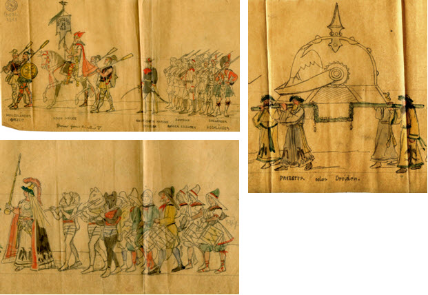 Auch für die älteste der noch bestehenden Basler Cliquen, der VKB (Vereinigte Kleinbasler), war Jauslin über mehrere Jahre hinweg als Cliquenkünstler tätig. Als Beispiel sei der <b>Helgoland</b>-Zug von 1891 angeführt (1890 war die Insel Helgoland von England an Deutschland übergegangen). Vorreiter des Zuges war der sagenhafte König Helge, Vortrab deutsche und englische Soldaten. Auf der Laterne in Form einer Pickelhaube war die feierliche Übergabe dargestellt, das Spiel bestand aus Baderatten, Fischern und <b>Badefrauen</b>. 
