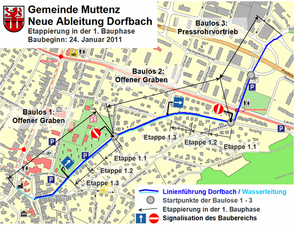 Plan über die einzelnen Baulose sowie über die Etappierung der Bauarbeiten in der ersten Bauphase