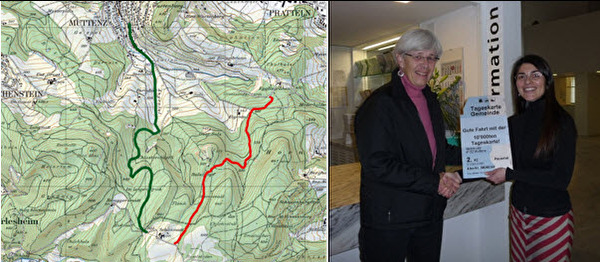 Links: Situationsplan Strassensperrung wg Forstarbeiten und rechts Preisübergabe zehntausendste Gemeindetageskarte