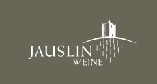 Schriftzug Jauslin Weine unter stilisiertem Rebberg mit Ruine auf dem Wartenberg
