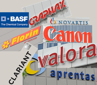 Logoscollage: Florin, Clariant, Graphax, BASF, DHL Servicepoint, Canon usw.
