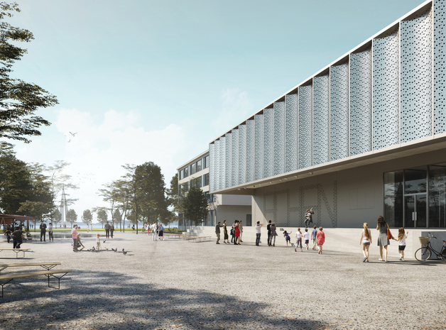 Visualisierung der neuen Mehrzweckhalle mit Blick Richtung See