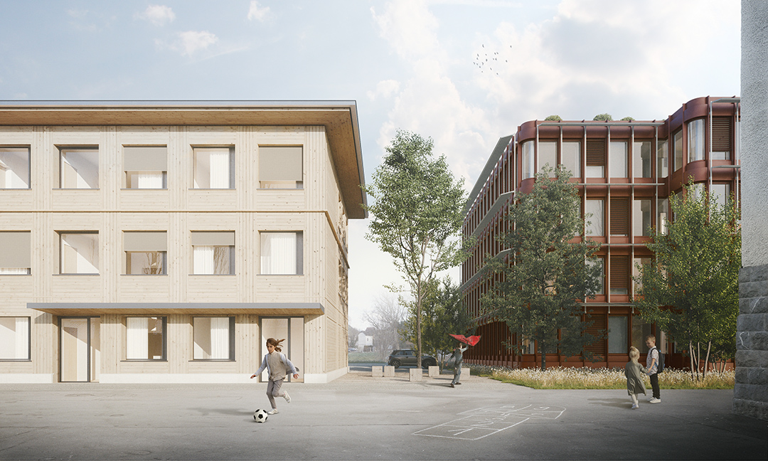 Visualisierung Multifunktionsgebäude und Gemeindehaus vom Schulhausplatz