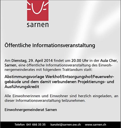 Inserat Informationsveranstaltung Abstimmungsvorlage Werkhof/Entsorgungshof/Feuerwehrgebäude
