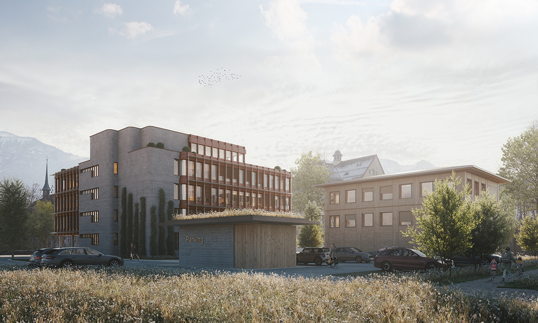 Visualisierung Gemeindehaus, Personenaufgang Parking und Multifunktionsgebäude von Seite Sarneraa