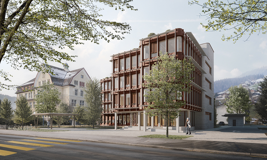 Visualisierung neues Gemeindehaus, im Hintergrund das Schulhaus 1