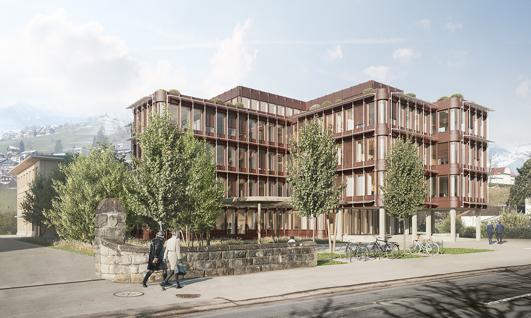 Visualisierung neues Gemeindehaus, im Hintergrund das neue Multifunktionsgebäude