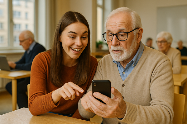 Freiwillige hilft Senior mit dem Smartphone