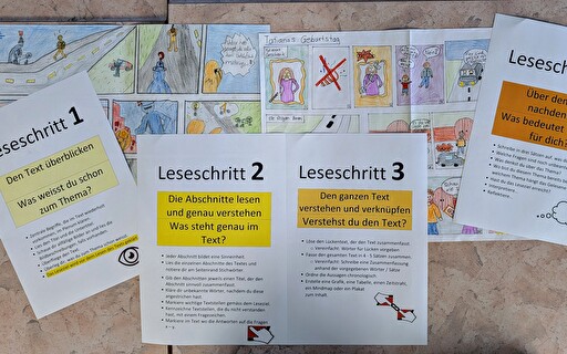 Die vier Leseschritte hängen gut sichtbar in jedem Schulzimmer, da sie in allen Fächern gleichermassen nützlich sind. Einen Text in einen Comic umzuwandeln ist eine der kreativen Methoden, die genutzt werden kann, um tieferes Textverständnis zu erzeugen. (Bild: Schule Kloten; JS)