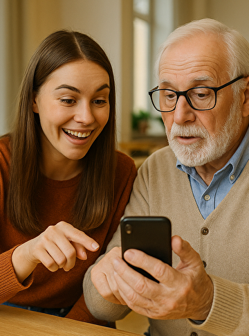 Freiwillige hilft Senior mit dem Smartphone