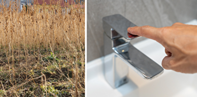 Links im Bild ist eine Wiese zu sehen, die fast komplett ausgetrocknet ist. Rechts schliesst eine Hand den Trinkwasserhahn zu.