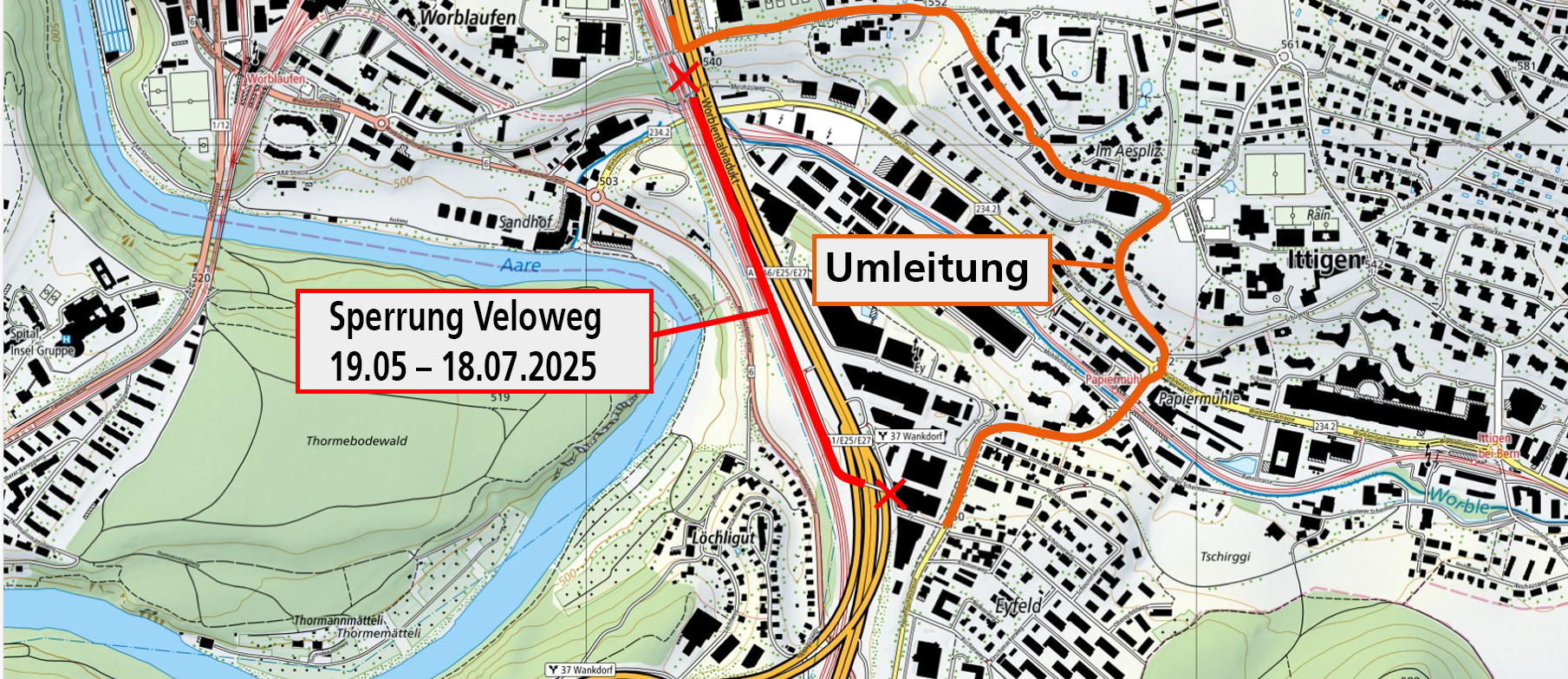 Umleitungsroute Veloweg A1.