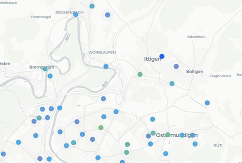 Screenshot der Urban Heat Map mit Fokus auf Ittigen und Worblaufen.