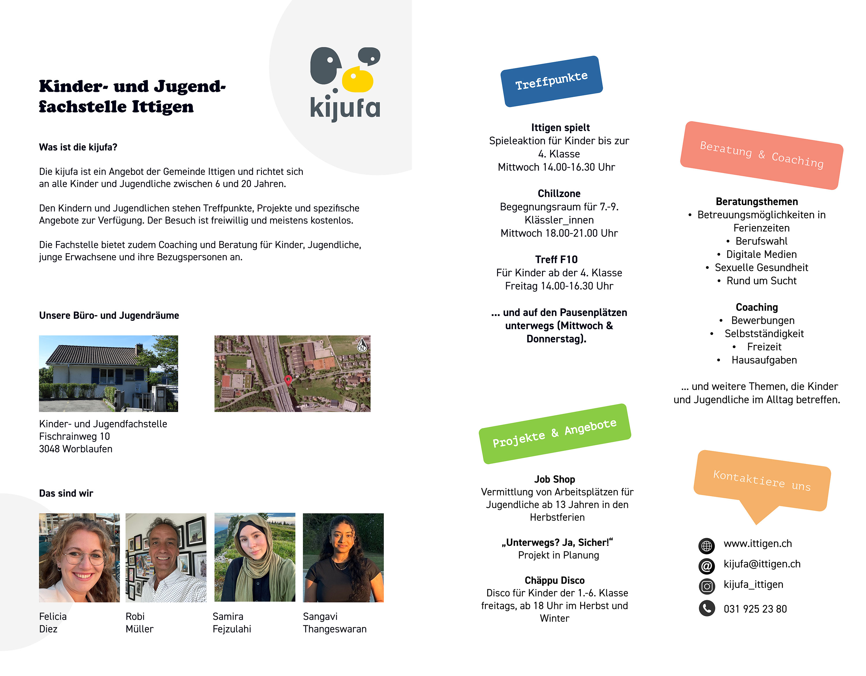Flyer mit Informationen über die Kinder- und Jugendfachstelle Kijufa der Gemeinde Ittigen.