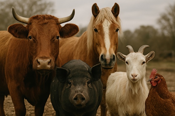 Bild mit Kuh, Pferd, Sau, Ziege, Hahn 