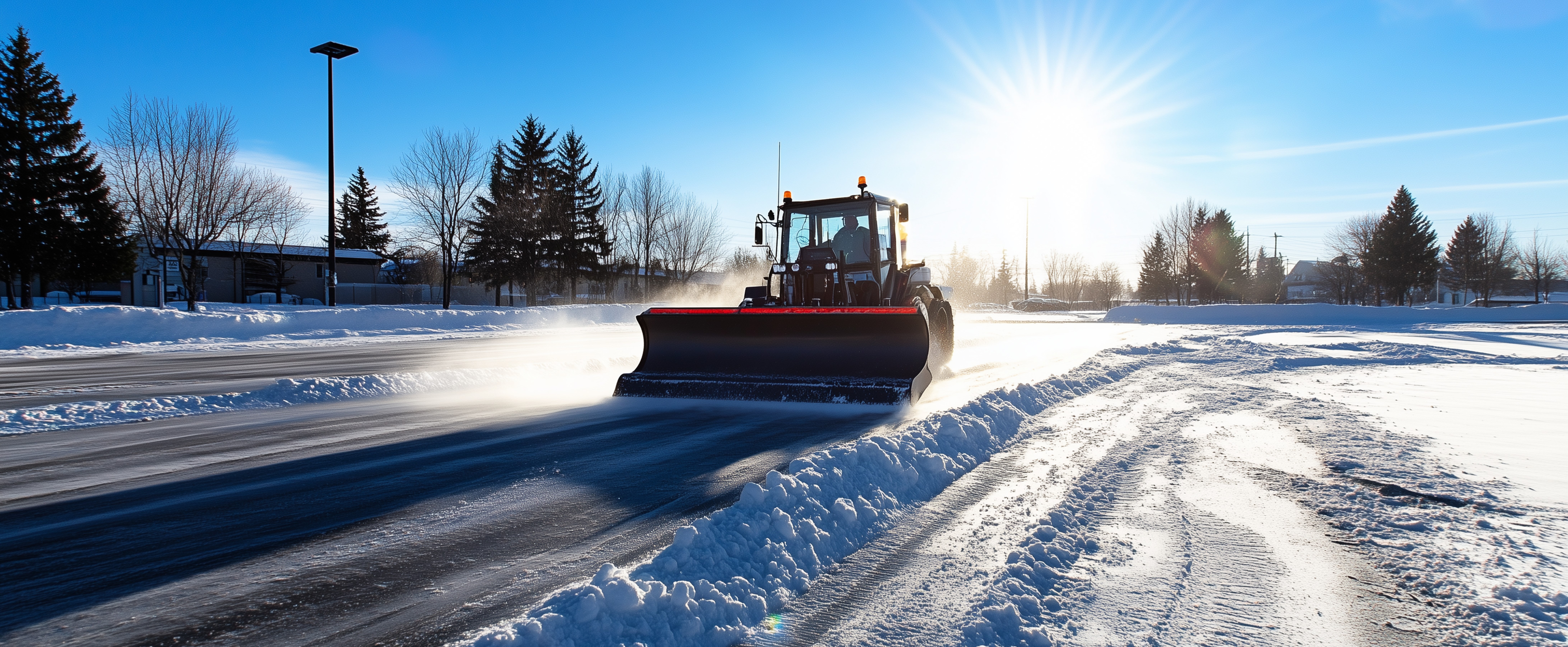 Bild eines Traktors mit Schneepflug beim Winterdienst
