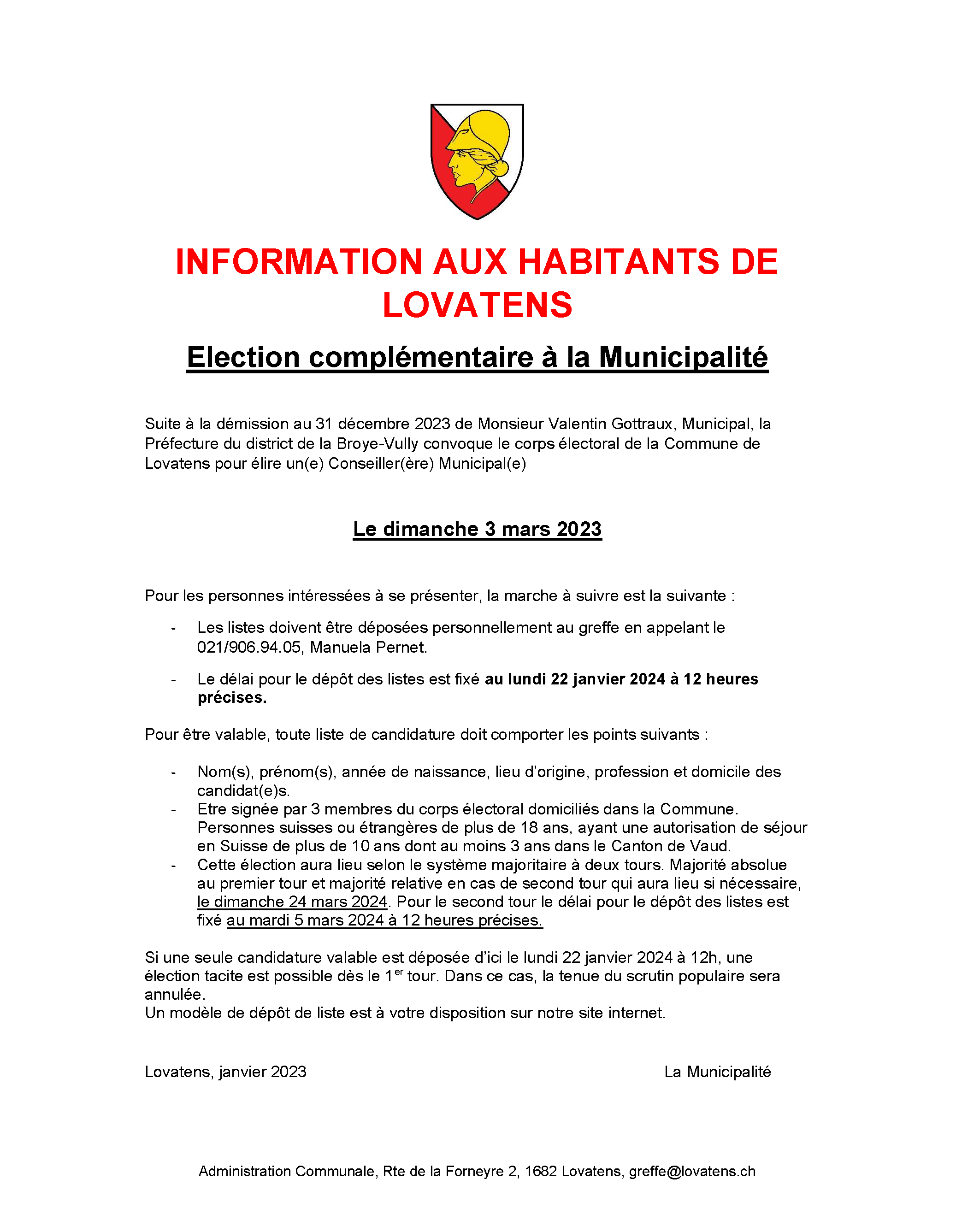 Élection complémentaire à la municipalité