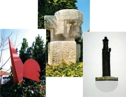 Eisen-Figur "Feuerhahn" (l), Steinskulptur "Grabstein Hans Richard" (m), Bronze-Skulptur "Lebensweisheit" (r)